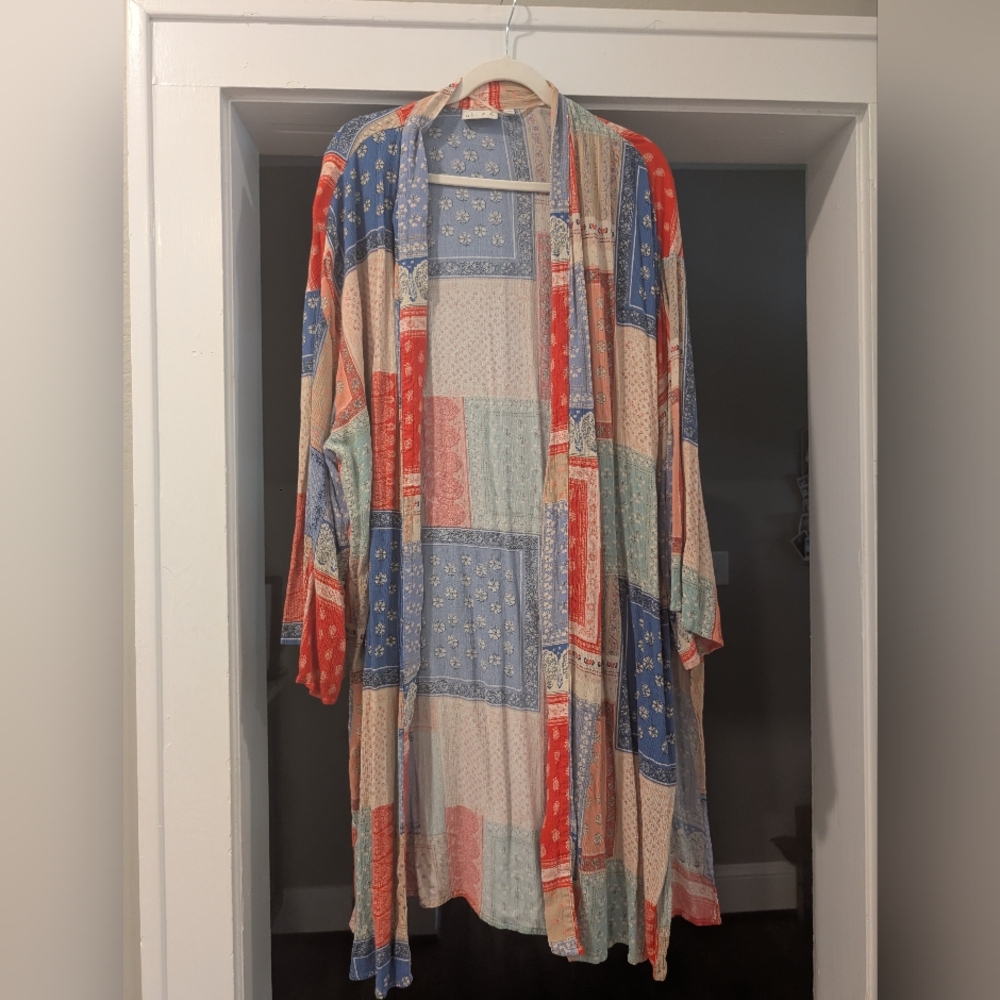 Wonderly Long Sleeve Multicolor Floral Pathwork Kimono 1x/2x